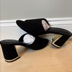 Halston Black Mules with Gold Trim